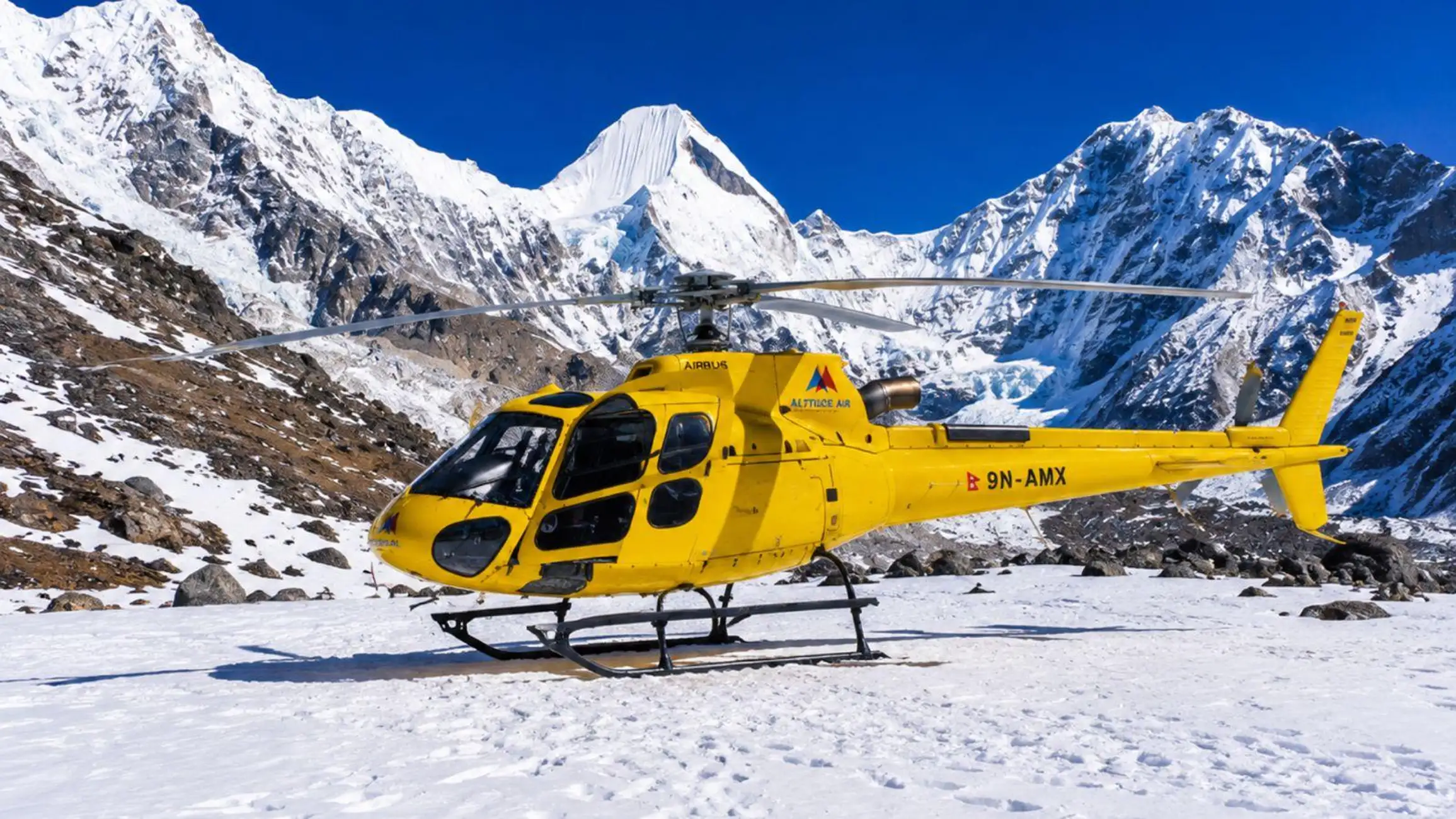Helicopter landing in the Everest region with Mount Everest (8,848m) in the background